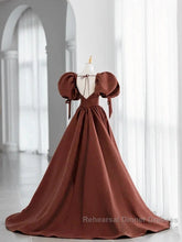 A-Line Brown Satin Ball Gown Short Sleeves Long Party Dress V-Neckline Semi Formal Prom Dress